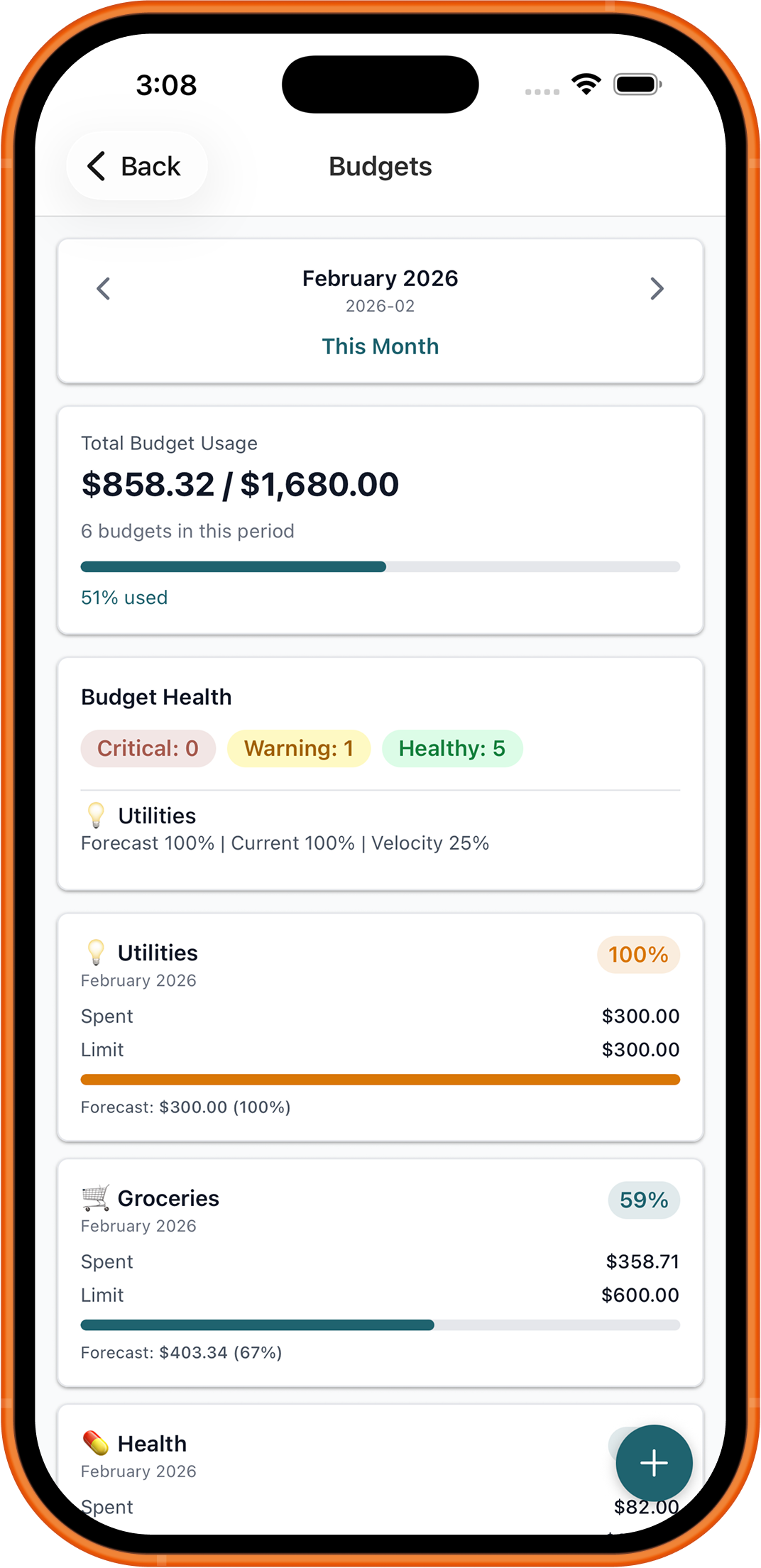 Budget health and category limits in the Simply Family Budget iPhone app